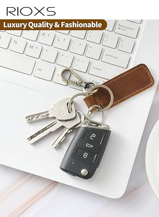 ريوكس سلسلة مفاتيح فاخرة مصنوعة يدويًا من الجلد الأصلي للرجال والنساء، حامل مفاتيح سيارة بمظهر عتيق، مصنوع من جلد البقر عالي الجودة مع قطع معدنية متينة، إكسسوار يومي على الطراز القديم، لون بني - Image 3